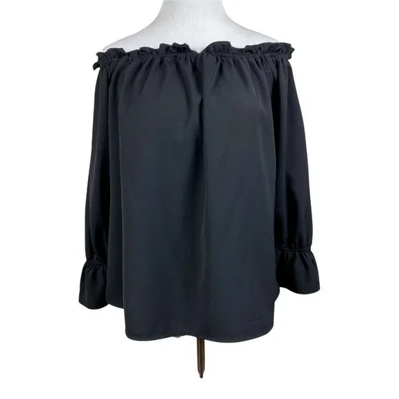 Lulus Top S Off The Shoulder Black Ruffle 3/4‎ Sleeve Solid Dressy Blouse - Picture 2 of 10